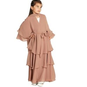 New IDOPIP Abaya light brown Dress Girls 9-10 Years Chiffon Tiered Belted Hijabi